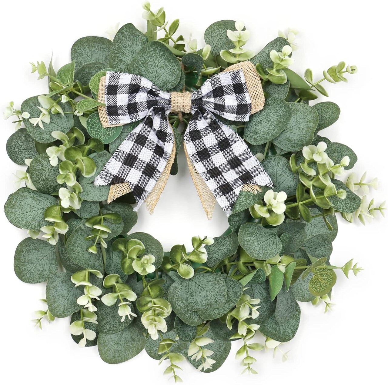 12" Artificial Eucalyptus Wreath with Plaid Bow | Spring Summer Green Leaf Wreath for Front Door Window Porch Farmhouse Decor Festival Celebration Home Decor (White&Black Plaid-Small)